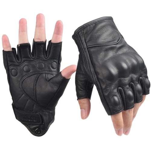 sibewora Men's Goatskin Fingerless Leather Motorcycle Gloves Half Finger Breathable Outdoor Driving Gloves (Medium)