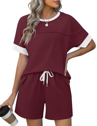 Rapbin Comfy Summer Sets with Pockets Loose Fit Color Block Design Matching 2 Piece Sets with Drawstring Waist