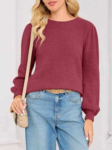 Saodimallsu Womens Puff Long Sleeve Sweaters Fall Crew Neck Cozy Soft Knit Loose Casual Pullover Tops4