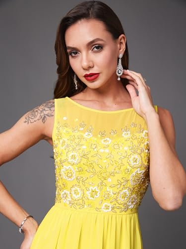 Image of Miss Chase Women's Round Neck Sleeve Embellished Fit Flare Maxi Dress