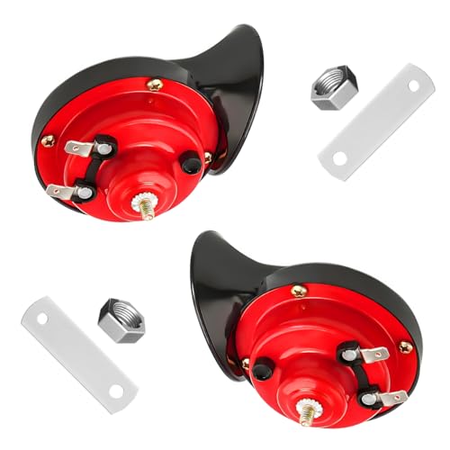 JUSTTOP - JUSTTOP 2PCS 300DB Super Loud Train Horns, 12V Waterproof Air Electric Snail Double Horn Replacement Kit, Automotive Universal Snail Train Horn Kit for Truck Car Motorcycle Boat (Red)