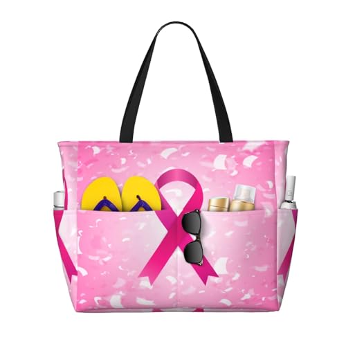 Breast Cancer Awareness Pink Ribbon And Confetti Oversized Waterproof Beach Bag – Multi-Pocket Zipper Tote, Compact Foldable Design For Travel, Pool, Shopping & Outdoor Adventures
