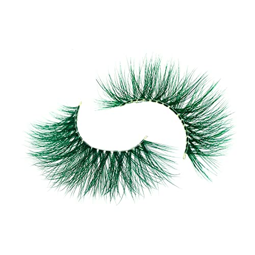 VNIHTT Colored Lashes 20mm 3D Mink Lashes With Color Colored Eyelashes Dramatic Look Soft Fluffy Green Fake Eye Lashes 1 Pair For New Year Cosplay Party Stage Halloween Masquerade