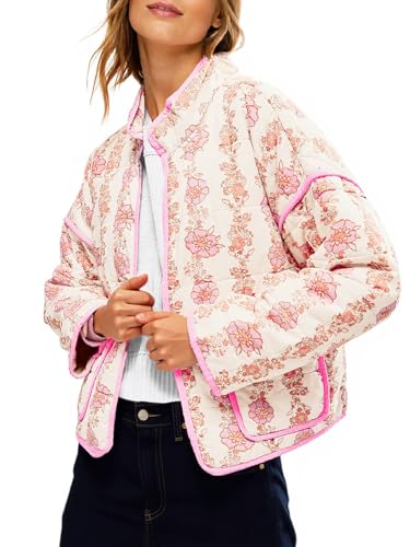 Tankaneo Womens Quilted Lightweight Jackets Floral Print Winter Coats Open Front Cardigan with Pockets, Pink, Small
