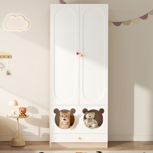 Armario infantil blanco y natural de 80x50x200 cm con barra para ropa 6