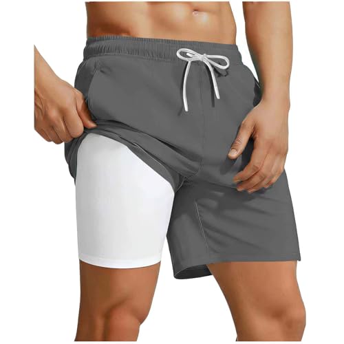 FOCLMP Mens Swim Trunks with Compression Liner Pockets 2 in 1 Quick Dry Summer Board Shorts Beach Vacation Bathing Suit Summer Clothes for Men Fashion Gray M
