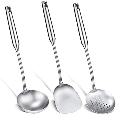 3 Pieces Wok Spatula Set Metal Spatula and Ladle Stainless Steel Cooking Utensils with Skimmer Ladle Slotted Spoon Kitchen Utensils Set Chinese Cooking Utensils for Cookware Cooking Baking