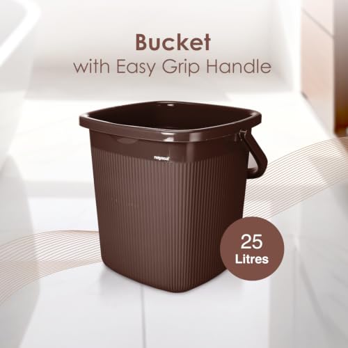 Image of Nayasa Rimmy Strong Plastic Bucket, Mug and Stool Set (3pc Set)| Bathroom Set | (Dark Brown, 18 Liter Bucket, 1.5ltr Mug, a Stool)