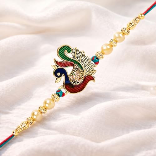 Image of Riddhika Ventures Glorious Gold Plated Meenakari Peacock Rakhi with Roli Chawal and Greeting Card