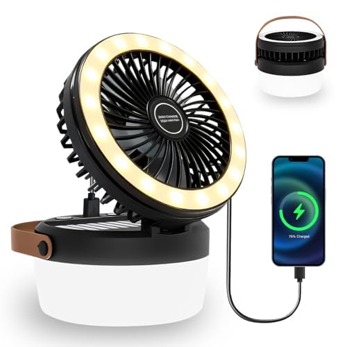 Image of 3-in-1 Camping Fan, Portable Fan Rechargeable with LED Lantern, Battery Powered & Solar Camping Fan Light with Hanging Hook for Tent, 3 Speeds USB Fans for Camping, RV Travel, Outdoor