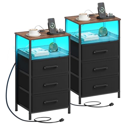 JARHETUN Night Stand Set 2 with Charging Station, 3 Drawer Nightstands with LED Lights, End Table with Outlets and USB Ports, Side Table with Open Shelf, Bedside Tables for Bedroom, Rustic Brown