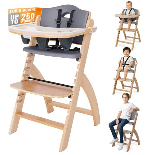 Image of Abiie Beyond Junior Wooden High Chair for Babies and Toddlers - Convertible 3-in-1 Baby Highchair with Removable Tray - 6 Months to 250 Lb - Water Resistant - Natural Wood with Dark Grey Cushion