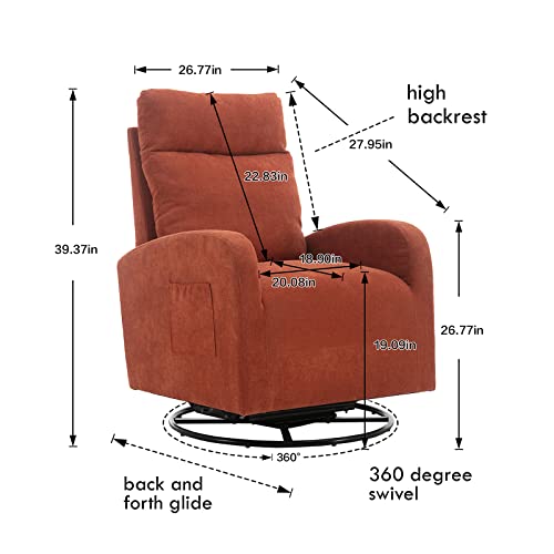 Luckhao Swivel Rocking Chair，Nursery Swivel Glide Armchair Linden Fabric Upholstered Modern Rocking Chairs With High Backrest For Nursery, Bedroom, Living Room（Orange-Red #TOP1