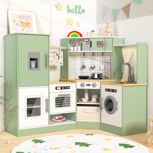 Image of Babytronic Corner Wooden Play Kitchen Set for Kids w/Lights & Sounds, Pretend Play Kitchen Playset with Stove, Microwave, Ice Maker & Accessories, Perfect for Toddlers & Multiple Children (Green)