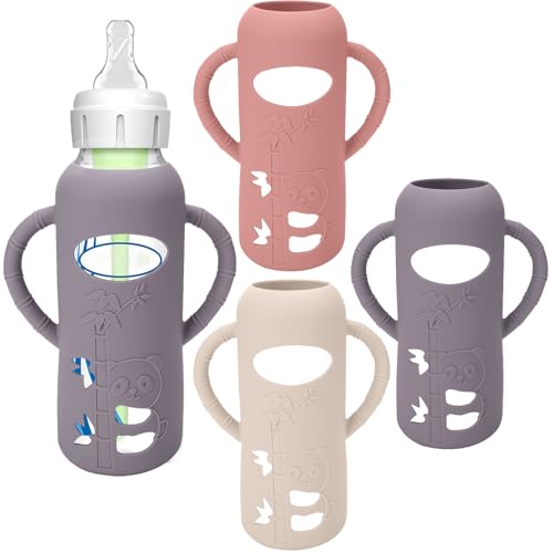 Image of BUSOHA 3 Pack Silicone Sleeves for Dr Brown Glass Baby Bottles - Drop Protection Baby Bottle Sleeves,Compatible with Dr. Brown's Newborn Glass Bottles,with Silicone Handles,8 oz