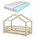 Cama para niños de Madera Pino Knätten con Colchón Ortopédico 80 x 160 cm Cama Infantil con Reja Protectora Casita Forma de casa Pino Natural