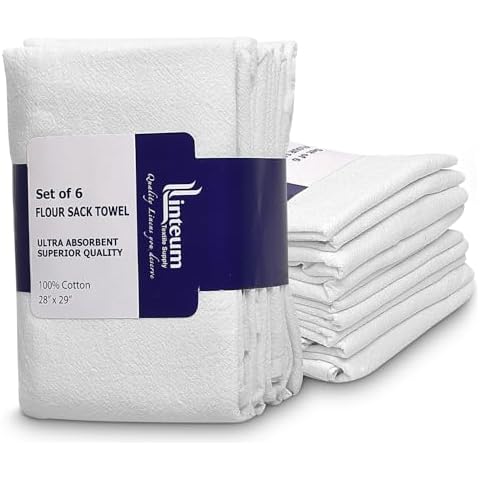 Linteum Textile Classic White Flour Sack Kitchen Dish Towels 100% Cotton, Tea Towels Absorbent and Long Lasting Material 6 Pack - 28x29 in Cover