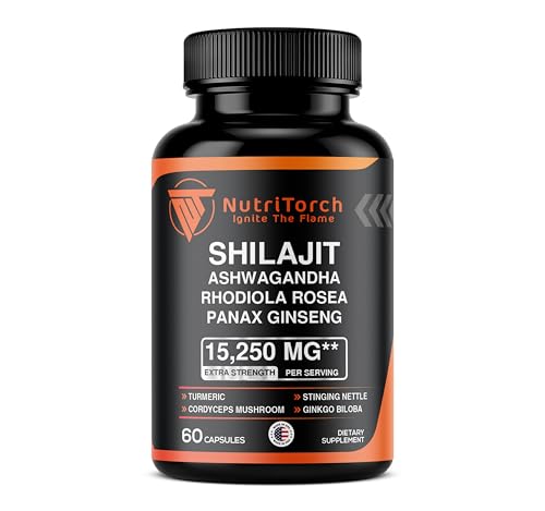 NutriTorch Shilajit Capsules - Supplement with Ashwagandha, Rhodiola Rosea, Panax Ginseng, Turmeric, Cordycep Mushrooms, Ginkgo Biloba - 15250Mg - 60 Capsules