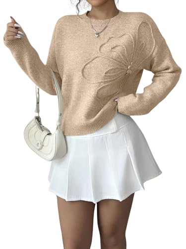 Image of Verdusa Women's Spring 3D Flower Appliques Crewneck Sweaters Long Sleeve Drop Shoulder Pullovers Knit Going Out Tops