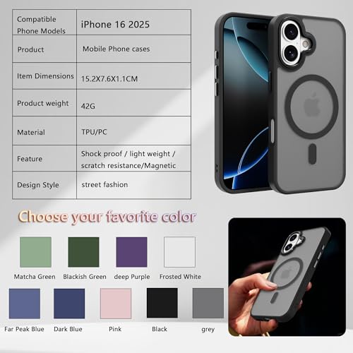 Image of Magnetic iPhone 16 case,Compatible with Magsafe, Military-Grade Protection,Slim Translucent Matte Shockproof with Anti-Scratch Anti-Fingerprint Phone Cover (Black, iPhone 16)