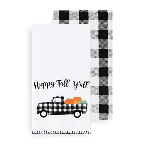 Elrene Home Fashions Farmhouse Living Happy Fall Y'all And Check Farm Truck Kitchen Towel Set, 18" X 28", Black/White, 18" X 28" (Kitchen Towels) #TOP27