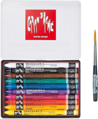 Caran d'Ache Neocolor II Watercolour Wax Pastel Colours Watercolour Pencils 10 Pieces and 1 Brushes