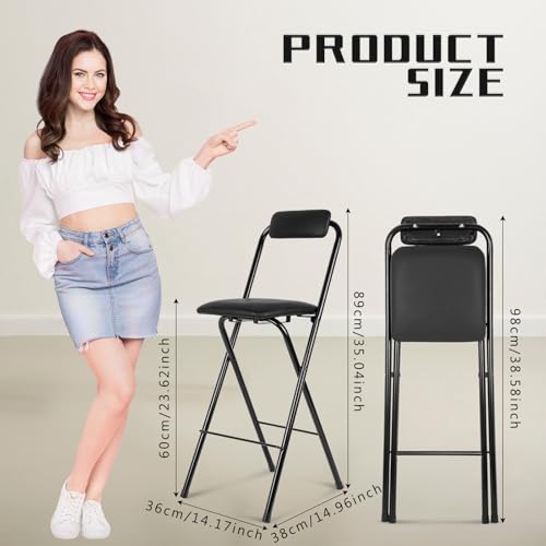 Image of Thyle 1 Pcs Folding Bar Stool with Backrest, Tall Foldable Stool Chair Portable High Folding Bar Chair Counter Height Seat Leather Padded for Kitchen Island Shop Cafe Dining Room Black (24 Inch)