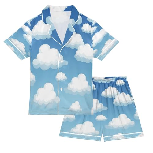 Satin Pajama Sets Short Sleeve White Clouds Button Down Silky Nightwear 2 Piece PJS 5-14Y
