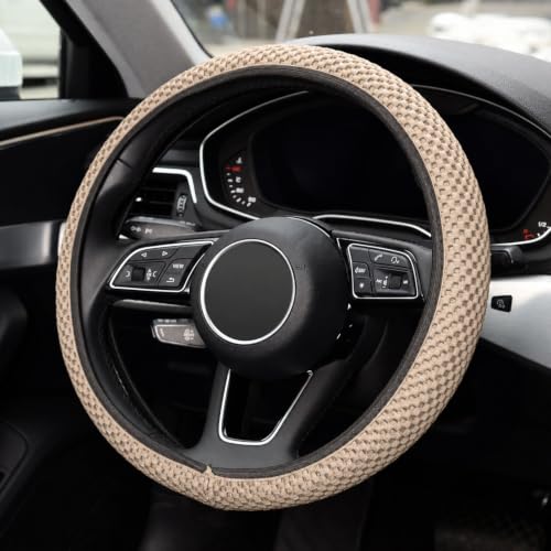 Image of KAFEEK Elastic Stretch Steering Wheel Cover, Universal 15 Inch, Beige