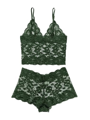 Image of Lilosy Sexy Sheer Floral Lace Pajamas Lingerie Set High Waist Sleepwear Bra and Panty 2 Piece Nightwear