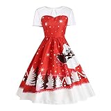 Weihnachtskleid Damen Elegant Party Kleider Kurzarm Spitze Patchwork Weihnachten Cocktailkleid 53er Jahre Hausfrau Vintage Rockabilly Kleid A-line Swings Abendkleider Weihnachtskleider Damen Rot L