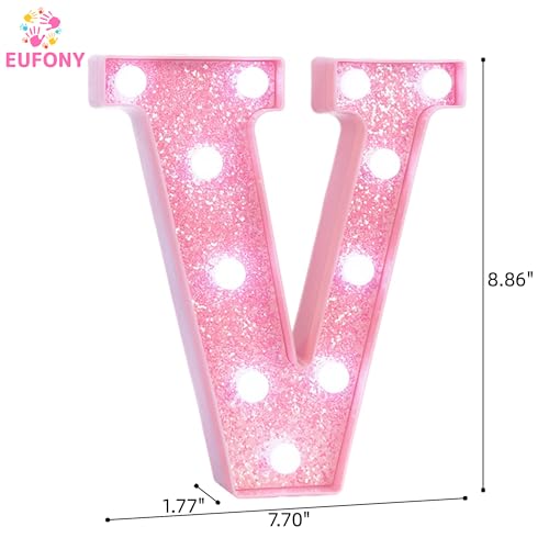 Image of Pink Marquee Light Up Letters, Glitter Alphabet LED Letter Lights for Pink Birthday Party Decorations, Battery Operated Letter Sign for Girls Room Vanity Table Decor, Cool White Lights Letter V