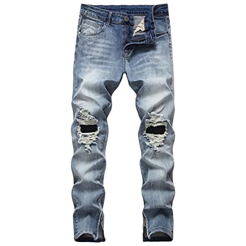 Maiyifu-GJ Men's Ripped Slim Tapered Leg Jeans Knee Holes Ankle Zipper Denim Pencil Pants Skinny Destroyed Jean Trousers