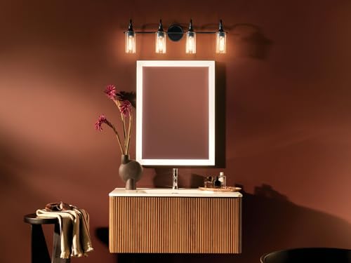 Image of Kichler Kavi 4-Light Bathroom Vanity Light, Black | Damp-rated vanity light with clear glass for bathroom mirrors (31.5 inch x 10 inch), 55212BK