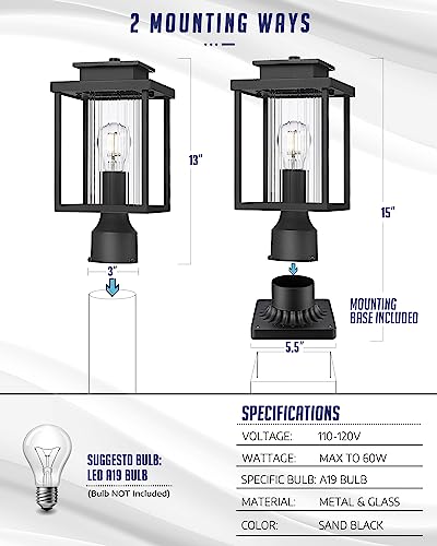 Osimir Outdoor Post Light 2 Pack, 1-Light Exterior Post Lantern With Pier Mount Base, Lamp Post Light Fixture In Black Finish With Cylinder Glass, 6.7" W X 15" H, 2353/1G-2Pk #TOP3