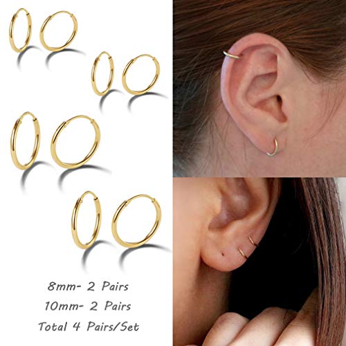 Silver Hoop Earrings- Cartilage Earring Small Hoop Earrings for Women Men Girls,4 Pairs of Hypoallergenic 925 Sterling Silver Tragus Earrings(Gold,8mmx2+10mmx2) - Thumbnail 2