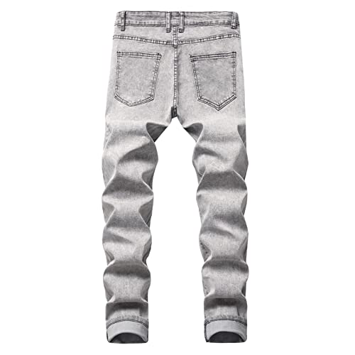 Men's Stretch Straight Leg Jeans Mid Waist Slim Fit Washed Denim Pants Vintage Distressed Skinny Jean Trousers2