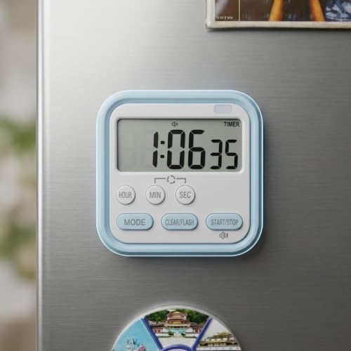 Image of Rosalia Digital Magnetic Kitchen Timer & Clock with Large LCD Screen, 24hr Display, Loud Alarm, Flashing Light, and Retractable Stand Stopwatch for Cooking, Studying, Office, and Time Management