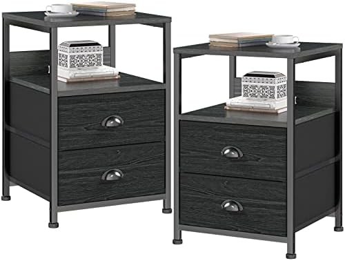 Furologee Nightstands Set of 2, End Table with 2 Fabric Drawers, Side Table with Storage Shelf, Industrial Bedside Sofa Table Furniture for Bedroom/Living Room/Hallway/Nursery, Black Oak