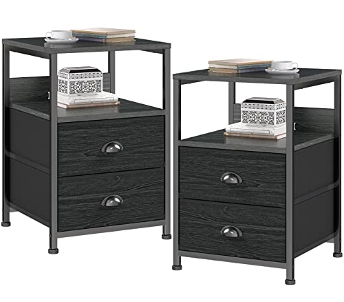 Furologee Nightstands Set Of 2, End Table With 2 Fabric Drawers, Side Table With Storage Shelf, Industrial Bedside Sofa Table Furniture For Bedroom/Living Room/Hallway/Nursery, Black Oak #TOP5