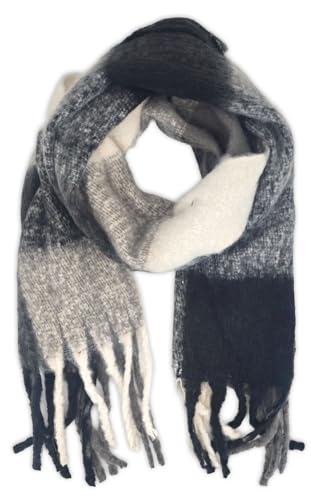 styleBREAKER Damen Webschal mit Karo Muster | Langer Schal mit dicken, langen Fransen | weicher Winter Strickschal warmes Material Stola, Farbe:Schwarz-Grau-Weiß