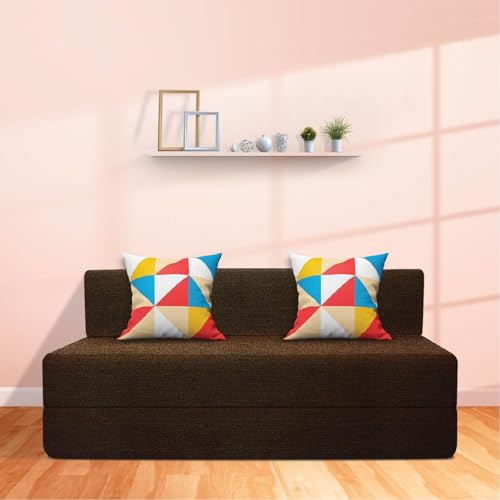 Image of Starlon 3 Seater Sofa Cum Bed Foldable 3-in-1 Sofa Bed with 1 Year Warranty, Washable Jute Fabric Cover & 2 Geometrical Pillows | Guest Bed | Coffee Brown 5x6.25 Ft