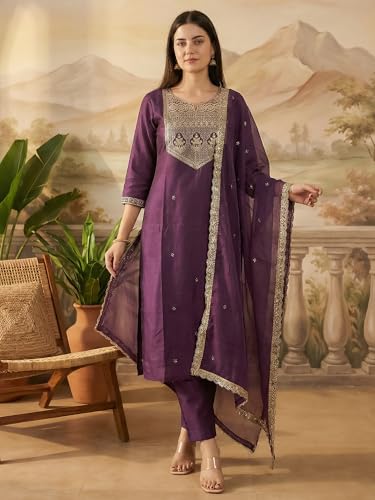 Image of INDO ERA Women's Cotton Solid Straight Kurta Palazzo With Dupatta Set