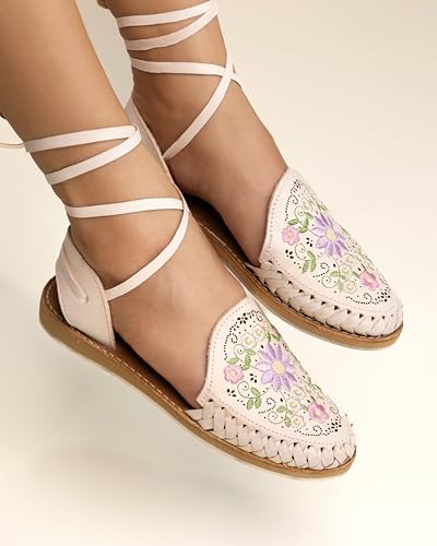 Mexico en la Piel Handcrafted Leather Huarache Sandals for Women - Roman Lace-Up Design, Crepe Sole, Floral Embroidery, Lightweight and Breathable, Available in Natural, Shedron, and White4