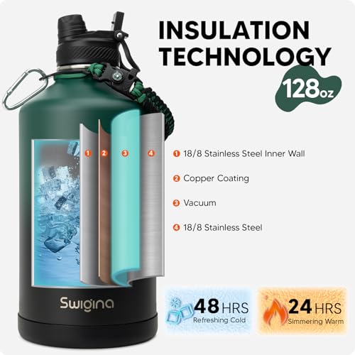 Image of Swigina Insulated Water Bottle with Silicone Boot (36hrs Cold /18hrs Hot) - DIY Stickers, [2-in-1 Lid], BPA Free, 128 oz