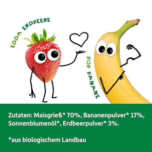 FRECHE FREUNDE Bio Knusper Herzchen aus gepufftem Mais, mit Bananen und Erdbeerpulver, fruchtig-süße Knabberei für Kinder, vegan, glutenfrei, 9er Pack (9 x 30g)