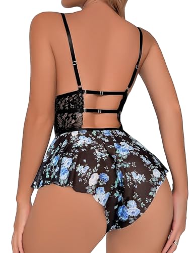 Image of Lilosy Sexy Bows Floral Lace Mesh Babydoll Lingerie Romper