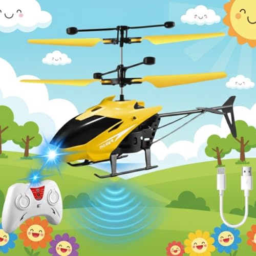 Image of RC Helicopter with Hand Gravity Sensor for Kids Flying Remote Control Toy, Chargeable LED Light & Smart Safety Sensor, Indoor Outdoor Play, for Boys & Girls - Pack of 1 (Yellow)