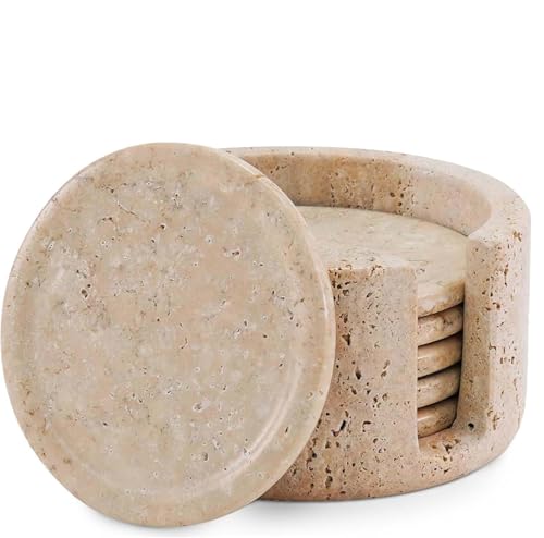 SPESHSTONES Marble Coasters Set of 6 Round 3.5 Inch Travertine Coaster for Drinks with Holder - Ideal Stone Drink Coasters for Coffee Bar Accessories, Gifts, Dining Table & Home Décor