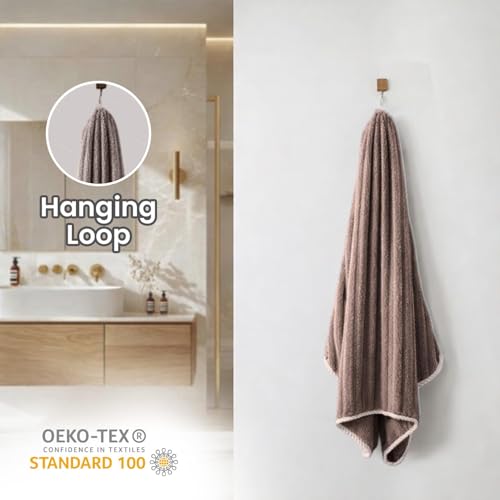 Image of MAXOSHINE Microfiber Towels for Bath-Stripes Bath Towel for Men and Women-Soft Coral Fleece Zero Twist Towel with Hook 400 GSM Quick Dry Super Absorbent-70 x 140 cm (1, Brown)